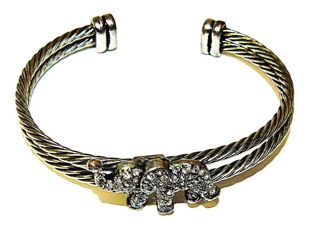 Vtg Rhinestone Pave Elephant Cable Cuff Bracelet Silver Tone Bangle Adj 7.25 in